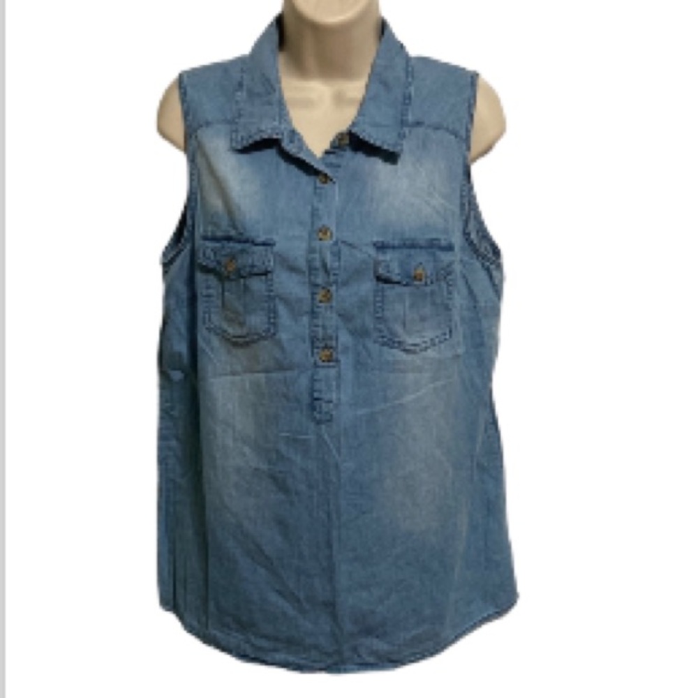 JAPNA Light Blue Soft Chambray Sleeveless Shirt Blouse Womens Large